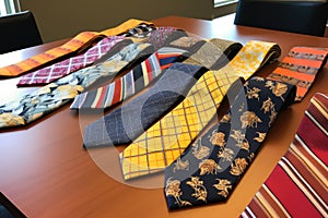 various tie patterns displayed on a table
