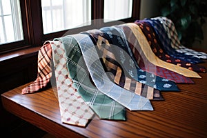 various tie patterns displayed on a table