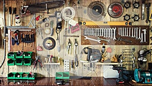 Various tools hang on a wooden wall in a workshop
