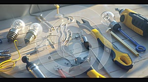 Tools on a workbench. AI generated