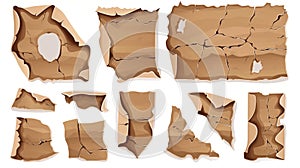 Various torn pieces of brown cardboard on a white background. Create a realistic modern illustration of ripped craft