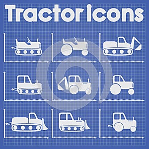 Various Tractor and Construction Machinery Icon set blueprint stylized