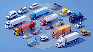 Various transport, lorry, sedan, and trailer isolated on blue background. Modern illustration with automobile traffic.