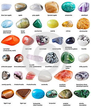 Various tumbled gemstones with names isolated