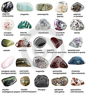 Various tumbled minerals with names isolated