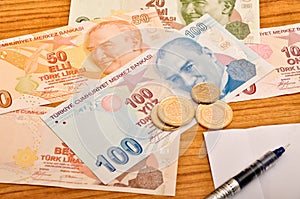 Various Turkish lira banknotes front view and coin