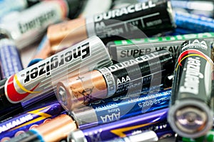 Various type of dead batteries close up shot.