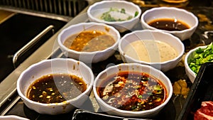 Various type of dipping sauce for the Japanese foods
