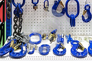 Various type of metal or steel lifting hook chain and accessories such as master link shackle screw pin hammerlock connector for