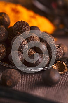 Various type spices on spoons close up