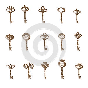 various types of antique keys with decoration elements