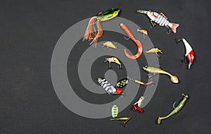 Various types of artificial bait for angling for fish.