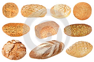 Various types of baked bread isolated on white