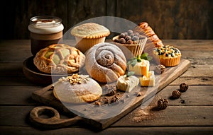 Various types of baked goods on wooden cutting board. Generative AI