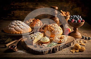 Various types of baked goods on wooden table. Generative AI