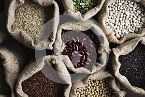 Various types of beans in sacks
