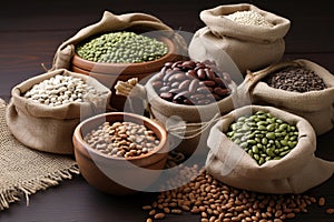 various types of beans in small burlap sacks