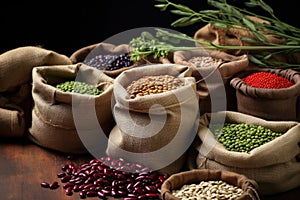 various types of beans in small burlap sacks