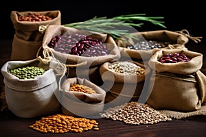 various types of beans in small burlap sacks