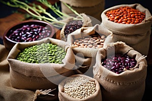 various types of beans in small burlap sacks