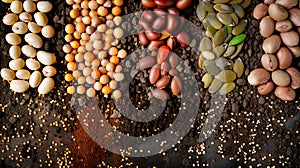 various types of beans on soil background, top view, copy space