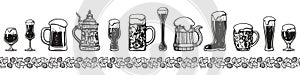 Various types of beer glasses and mugs. Seamless border. Hand drawn engraving style vector illustration isolated on white