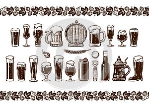 Various types of beer glasses and mugs. Seamless border. Hand drawn engraving style vector illustration isolated on white
