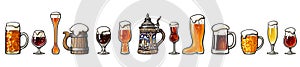 Various types of beer glasses and mugs. Seamless border. Hand drawn vector illustration isolated on white background