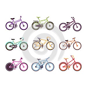 Various types of bikes set, colorful bicycles for male, female and kids vector Illustrations