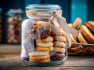 Various types of biscuits are kept in transparent glass jars on the kitchen table.