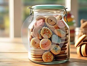 Various types of biscuits are kept in transparent glass jars on the kitchen table.