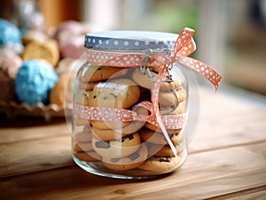 Various types of biscuits are kept in transparent glass jars on the kitchen table.