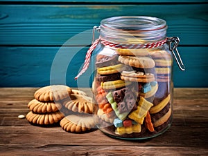 Various types of biscuits are kept in transparent glass jars on the kitchen table.