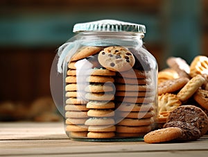 Various types of biscuits are kept in transparent glass jars on the kitchen table.