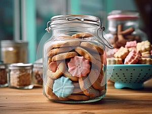 Various types of biscuits are kept in transparent glass jars on the kitchen table.