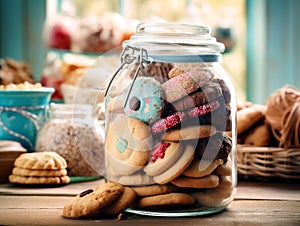 Various types of biscuits are kept in transparent glass jars on the kitchen table.