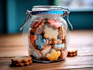 Various types of biscuits are kept in transparent glass jars on the kitchen table.