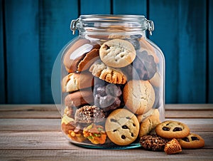 Various types of biscuits are kept in transparent glass jars on the kitchen table.