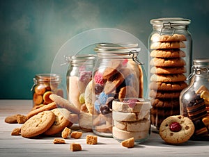 Various types of biscuits are kept in transparent glass jars on the kitchen table.