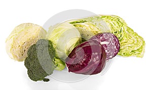 Various types of cabbage: broccoli, Chinese, red and white cabbage.