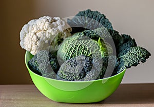 Various types of cabbages Savoy, Broccolli and Cauliflower.