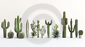 Various types of cacti in pots arranged in a row on a white background