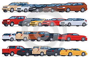 Various types of cars, city, SUV, sports, are parked in a row. Transport for convenient and safe movement on the streets