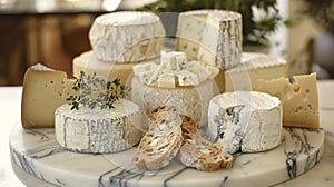 Various types of cheese arranged on a marble plate, showcasing a selection of gourmet cheeses