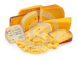 Various types of cheese isolated on white background