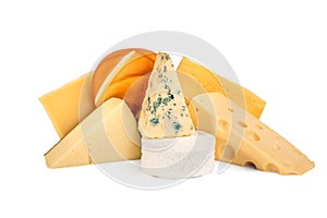 Various types of cheese isolated on white. blue cheese Dorblu, smoked Suluguni, brie, Maasdam, cheddar, Parmesan. Assortment of