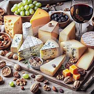 Various types of cheese on a wooden table. The character and all objects are fictitious, the image was created using the neural