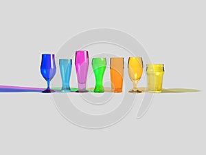 Various types of colored beer glasses