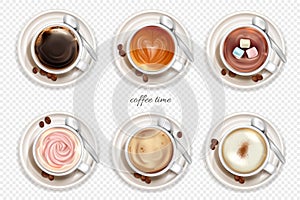 Various types of drinks, hot drinks, latte, cappuccino, espresso top view