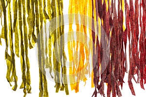 Various types of fresh homemade pasta. Raw pasta drying